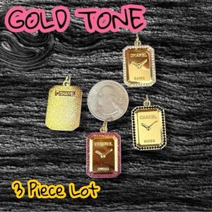 Lot of 3 Gold Tone CC Clock Zipper Pull Button Pendant Necklace Charms